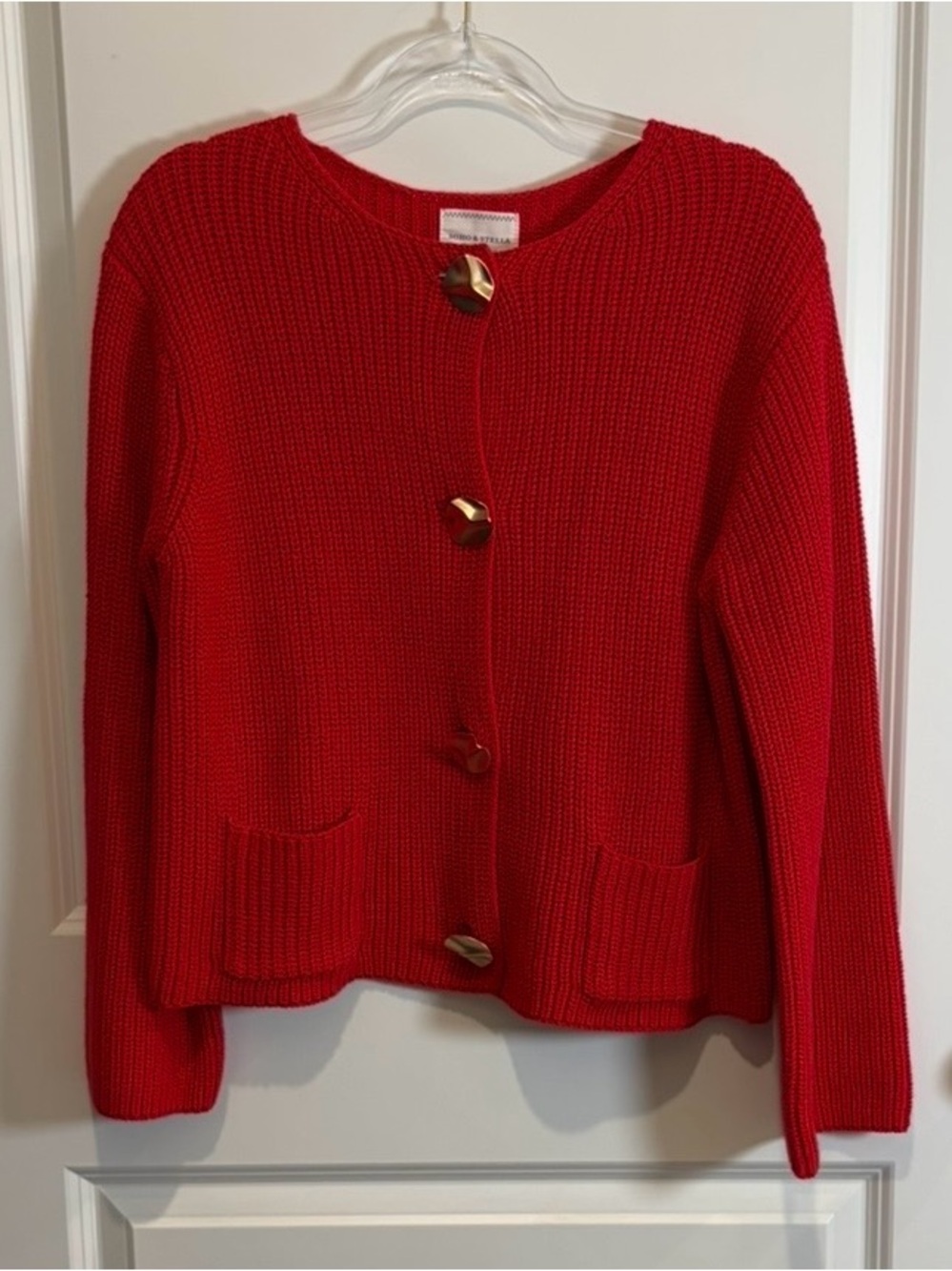 Bright Red Knit Button-Front Cardigan with Gold Buttons